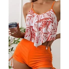 Women's Swimwear Tankini 2 Piece Swimsuit Backless High Waist Leaves V Neck Vacation Beach Wear Bathing Suits