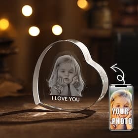 Personalized 3D Engraved Crystal Photo Gift Custom Heart-Shaped Holographic Laser Photo Decoration Birthday,Valentine's Wedding Memorial, Mother's Day,Christma