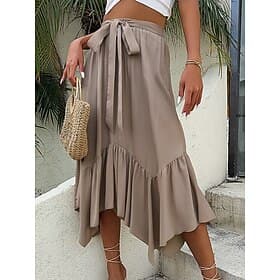 Women's Skirt A Line Maxi Skirts Ruffle Solid Colored Street Daily Spring   Fall Fashion Casual Khaki