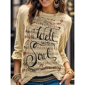 Women's T Shirt Fashion Modern Casual Print Long Sleeve Regular Tops Crew Neck Daily Weekend Blue Khaki Gray Fall Winter