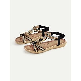 Women's Bohemian Style Flat Sandals with Beaded Embellishments and Elastic Strap, Comfortable Summer Shoes for Beach and Casual Outings
