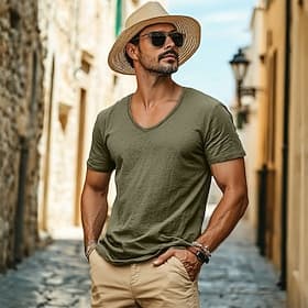 Men's Linen-like T Shirt Moisture Wicking Shirts Plain V Neck Street Causal Short Sleeve V Neck Vintage Clothing Apparel Retro Basic Casual Comfortable