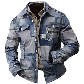 Men's Geometric Patchwork Casual Shirt Button Up Shirt Long Sleeve Abstract Fashion Casual Casual Causal Fall Winter Turndown 2 Pockets Dark Blue