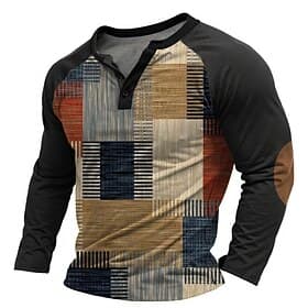 Men's Graphic Patchwork T Shirt Henley Shirt Tee Long Sleeve Designer Basic Classic Daily Outdoor Sports Spring   Fall Multicolor Black Henley Henley T-Shirt