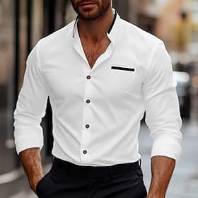 Men's Shirt Band Collar Shirt Dress Shirt Button Up Shirt Oxford Shirt Patchwork Wedding Vacation White Navy Blue Blue Gray Long Sleeve Standing Collar Spring