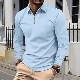 Men's Polo Shirts Quarter Zip Polo Vacation Street Quarter Zip Long Sleeve Fashion Basic Stripes Pocket Spring Fall Regular Fit Navy Blue Polo Shirts