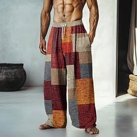 Men's Color Block Patchwork Pants Trousers Mid Waist Drawstring Elastic Waist Hawaiian Casual Outdoor Vacation Holiday Straight Leg Trousers Summer Spring Fall