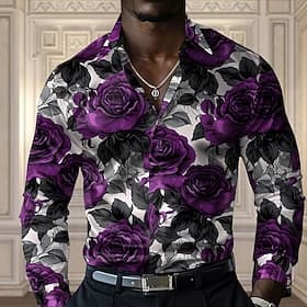 Men's Rose Casual Shirt Button Up Shirt Long Sleeve Fashion Casual Party Casual Spring Fall Turndown Button Up Yellow Red Blue Purple