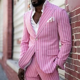 Men's Graduation Blazer Business Cocktail Party Wedding Party Fashion Casual Spring   Fall Polyester Stripes Pocket Buttons Comfortable Single Breasted Blazer