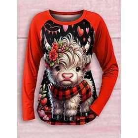 Femme T shirt Décontractées Imprimer manche longue Hauts longs Col Ras du Cou du quotidien Rouge Printemps  Automne