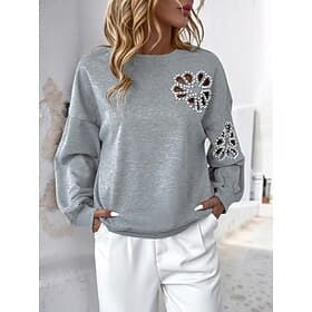 Women's Sweatshirt Casual Plain Street Dailywear Crew Neck Patchwork Long Sleeve Gray Fall Winter