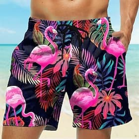 Men's Flamingo Tropical Flowers Swim Trunks Swim Shorts Board Shorts Mid Waist Streetwear Hawaiian Casual Daily Holiday Pocket Drawstring Elastic Waist Designe