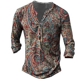 Herren T Shirt Henley Shirt Tee Graphic Stammes Henley Gelb Rote Blau 3D-Druck Übergröße Outdoor Täglich Langarm Button-Down Bedruckt Bekleidung Designer Stilv