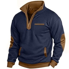 Men's Zip Up Sweatshirt Waffle Sweatshirt Pullover Black Navy Blue Half Zip Plain Pocket Casual Daily Work Polyester Active Vintage Cool Spring Fall Clothing A