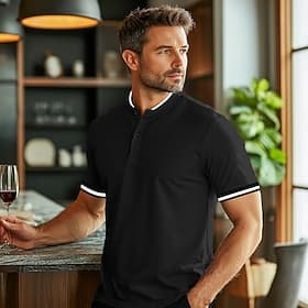 Men's Polo Shirts Collarless Golf Shirts Casual Stand Collar Short Sleeve Basic Comfortable Plain Buttons Summer Spring Regular Fit Black White Red Polo Shirts