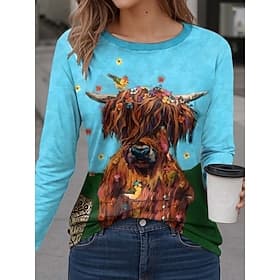 Damen T Shirt Modisch Modern Brautkleider schlicht Bedruckt Langarm Normale Oberteile Rundhalsausschnitt Täglich Wochenende Blau Herbst Winter thumbnail 2
