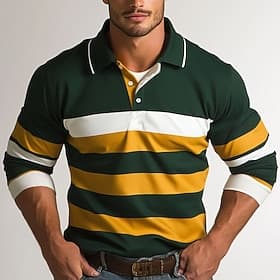 Homme Rayures Polo de rugby Polo en maille torsadée manche longue Polos Chemises à Col Occasionnel Extérieur Athleisure Impression 3D Printemps Automne Vert
