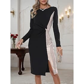 Women's Sequin Dress Mini Dress Sequins Ruched Formal Crew Neck Long Sleeve Black Color