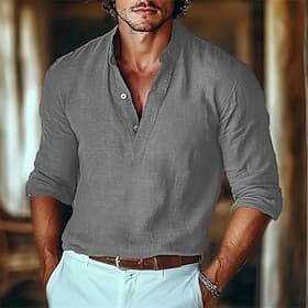 Men's Linen Shirt Popover Shirt Casual Shirt Beach Shirt Band Collar Shirt Plain Street Black Green Khaki Gray Long Sleeve Henley Spring  Summer Clothing Appar