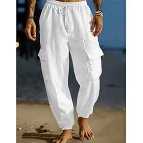 Men's Cargo Trousers Linen Pants Summer Pants Beach Pants Drawstring Elastic Waist Multi Pocket Plain Comfort Breathable Full Length Outdoor Daily Holiday Vaca