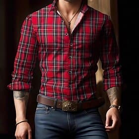 Men's Summer Shirt Casual Shirt Beach Shirt Button Up Shirt Checked Shirts Yellow Red Blue Green Gray Long Sleeve Plaid / Striped / Chevron / Round Lapel Vacat