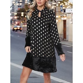 Women's Elegant Dress Mini Dress Patchwork Eyelet Formal Lapel Long Sleeve Black Color