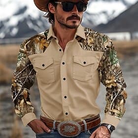 Men's Color Block Camo Western Shirt Cowboy Shirt Long Sleeve Western Casual Causal Spring Fall Turndown 2 Pockets Brown Green Beige Gray
