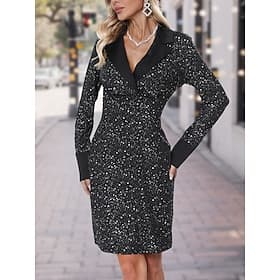 Women's Sequin Dress Mini Dress Sequins Patchwork Formal V Neck Long Sleeve Black Color