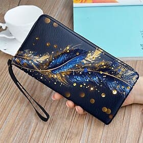 Women's Large Capacity Wallet with Gilded Feather Print, Zipper Closure, Wristlet and Multiple Card Slots - Stylish and Practical for Daily Use, Travel and Gif