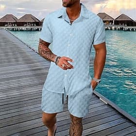 Men's 2 Piece Shirt Set Summer Set Matching Sets Casual Shirt Button Up Shirt Black White Light Green Blue Green Short Sleeve Plain Collar Vacation Daily Cloth