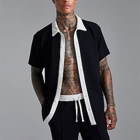 Men's 2 Piece Shirt Set Summer Set Matching Sets Casual Shirt Corduroy Shirt Black White Short Sleeve Color Block Collar Vacation Daily Clothing Apparel Fashio