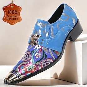 Men's Blue Floral Pattern Cowhide Leather Loafers with Metal Toe Cap – Stylish Dress Shoes for Weddings, Parties, and Formal Events