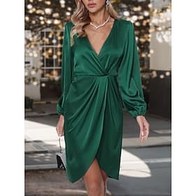 Women's Elegant Dress Mini Dress Ruched Patchwork Formal V Neck Long Sleeve Green Color