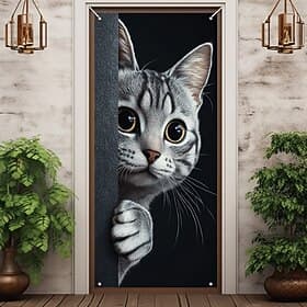 Cute Cats Door Decorations Door Covers Animal Hide and Seek Door Tapestry Door Curtain Decoration Backdrop Indoor/Outdoor Door Banner for Front Door Farmhouse