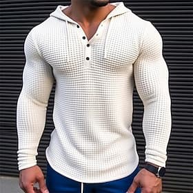 Men's Waffle Shirt T Shirt Tee Top Long Sleeve Shirt Long Sleeve Hooded Spring   Fall Plain Fashion Designer Basic Vacation Street Going out White Top Tee for
