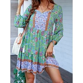 Damen Minikleid Casual kleid Boho Chic Kleider Boho-Kleid Böhmen Kuschelig Stilvoll Urlaub Täglich Strand Lockere Passform Graphic Langarm V Ausschnitt Rote Gr