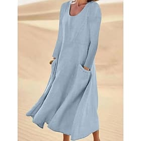 Women's Midi Dress Cotton Blend Shift Dress Elegant Stylish Basic Daily Beach Vacation Loose Fit Plain Long Sleeve Crew Neck White Light Green Pink Sky Blue Sp