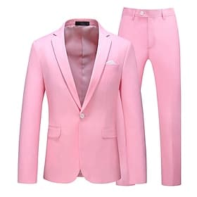 Men's Blazer Set Business Cocktail Party Wedding Party 2 Piece Fashion Casual Spring   Fall Polyester Solid Color Pocket Buttons Comfortable Single Breasted Bl