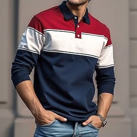 Men's Stripes Rugby Polo Long Sleeve Polo Shirts Collared Shirts Casual Outdoor Athleisure 3D Print Spring Fall Winter Red Blue Purple