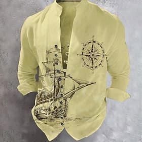 Men's Nautical Anchor Sailboat Shirt Button Up Shirt Long Sleeve Fashion Streetwear Designer Outdoor Casual Daily Summer Spring Fall Stand Collar Print White K