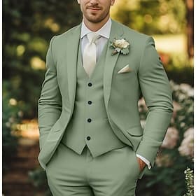 Herren Smokings Anzüge Strandhochzeit Frühlingshochzeit Champagner Salbei Frühling  Sommer Anzug Mode Formell Einfarbig Figurbetonter Schnitt 3-teilig Einreihi