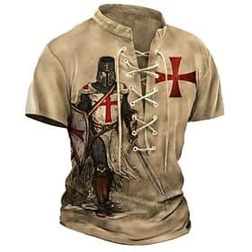 Men's Crusaders T Shirt Graphic Knights Templar Stand Collar Clothing Apparel 3D Print Causal Memorial Day Short Sleeve Lace up Print Polyester Vintage Fashion