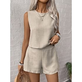 Women's Linen-feel Set Linen-Inspired Sets Two Piece Sets Baggy Shorts Sleeveless Crew Neck Plain Fashion Daily Casual Daily Black Royal Blue Orange Summer Reg