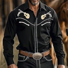 Men's Musical Instrument Western Shirt Long Sleeve Western Sports Outdoor Spring Fall Turndown Button Up Black