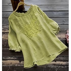 Women's Shirt Cotton Linen Shirts Blouse Faux Cotton Linen Embroidered Solid Color Fashion Casual Round Neck Daily Street White Yellow Red Green Khaki Summer