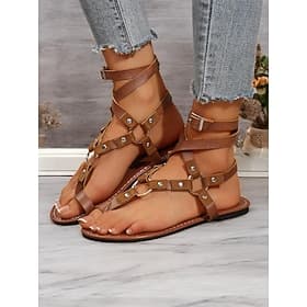 sandali da gladiatore bohémien da donna – scarpe basse allacciate in stile romano con cinturini e dettagli borchiati per l'estate, la spiaggia e l'abbigliament
