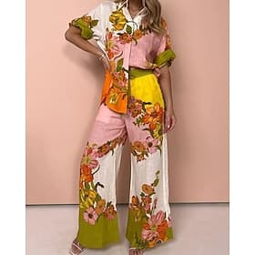 Women's Shirt Linen-feel Set Pants Trousers Long Sleeve Shirt Collar Floral Graphic Patchwork Fashion Streetwear Daily Wear Date White Pink Orange Spring Regul
