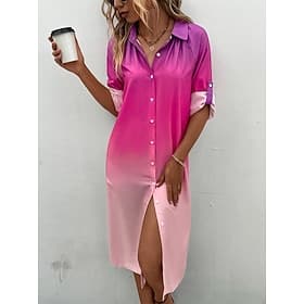 Women's Midi Dress Shirt Dress Casual Dress Stylish Casual Vacation Daily Regular Fit Ombre Long Sleeve Shirt Collar Pink Summer