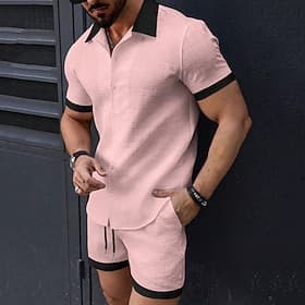 Men's T-shirt Suits 2 Pieces Outfits Tee  Shorts Short Sleeve Lapel Summer Plain Fashion Casual Patchwork 2 Piece Jacquard Vacation Daily Wear Going out Black