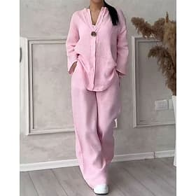 Women's Shirt Two Piece Sets Faux Cotton Linen Linen Pants Pants Trousers Set Long Sleeve V Neck Solid Color Drawstring Fashion Streetwear Daily Wear Date Blue